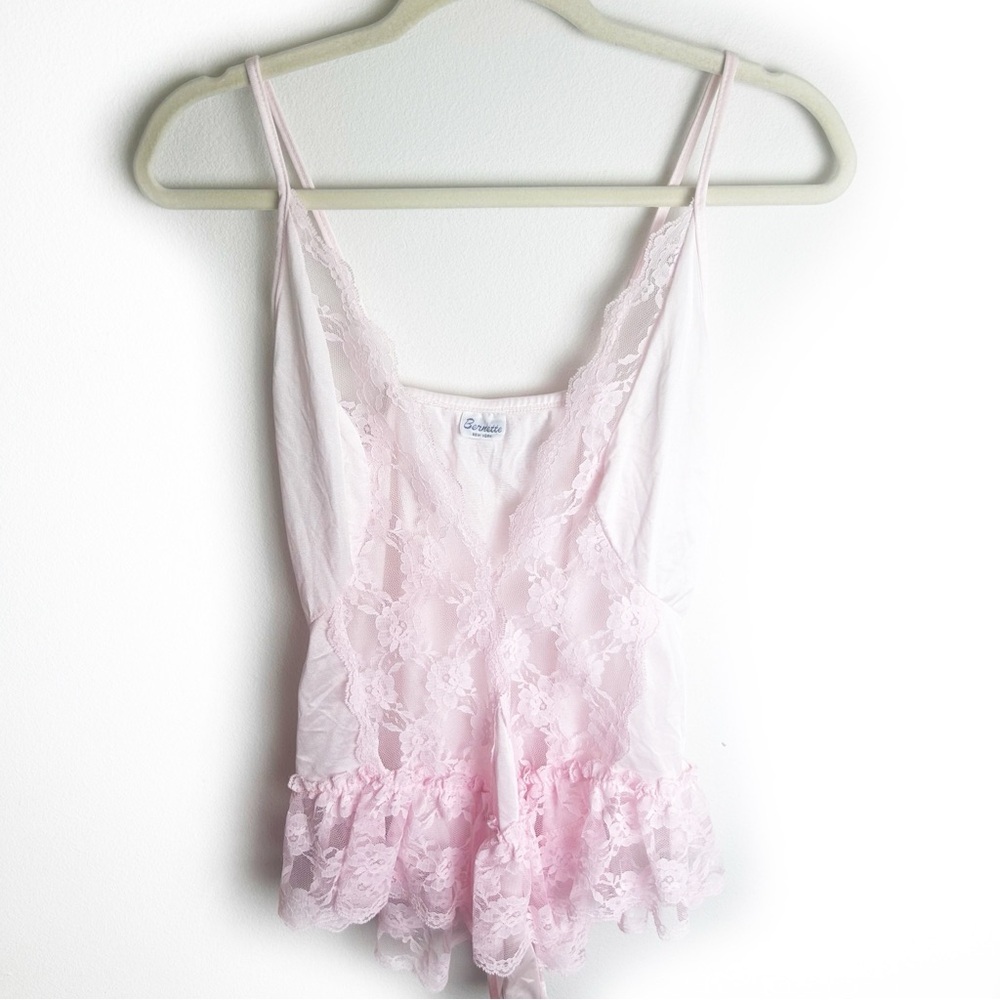 Vintage Bernette New York pink Teddy lace skirt lingerie bodysuit size: M